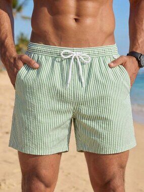 Multicolor Men's Vertical Striped Drawstring Waist Swim Trunks